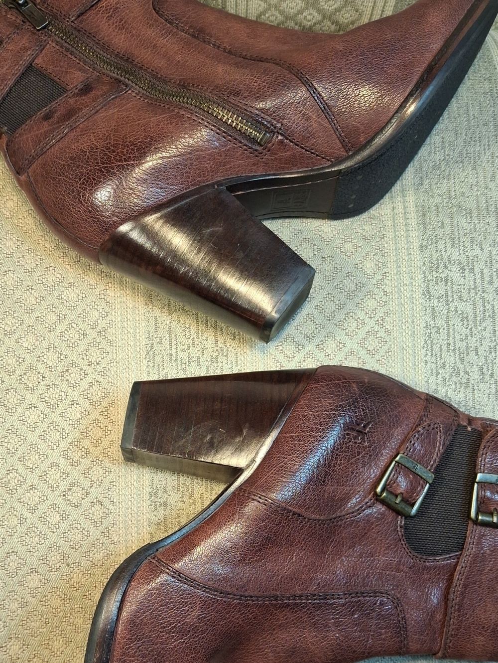 Frye Distressed Leather Heeled Ankle Bootie with Buckle Detail - Picture 13 of 14